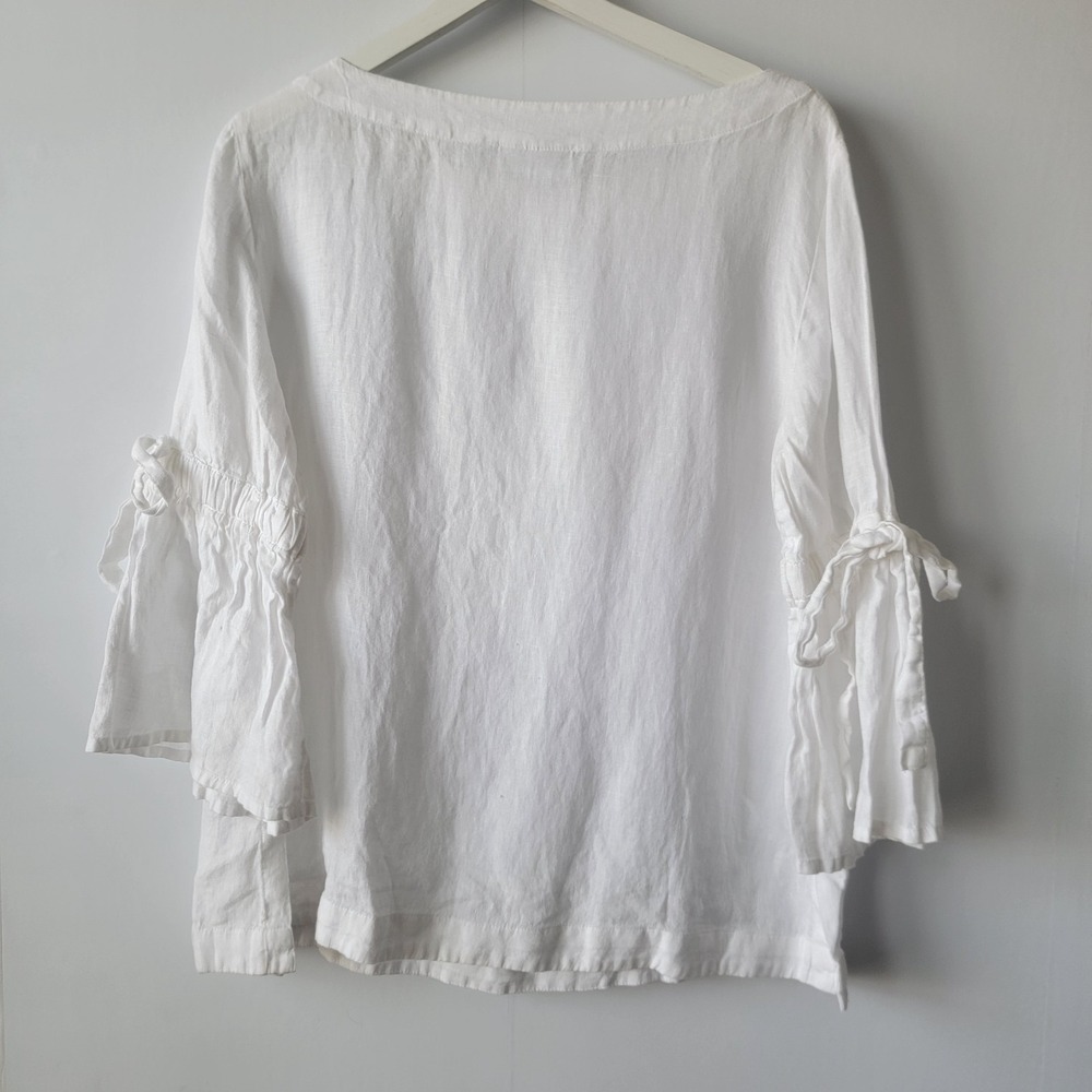 Charter Club women's 100% Linen Bell-Sleeve tie Top M beachy natural coastal - Picture 2 of 7